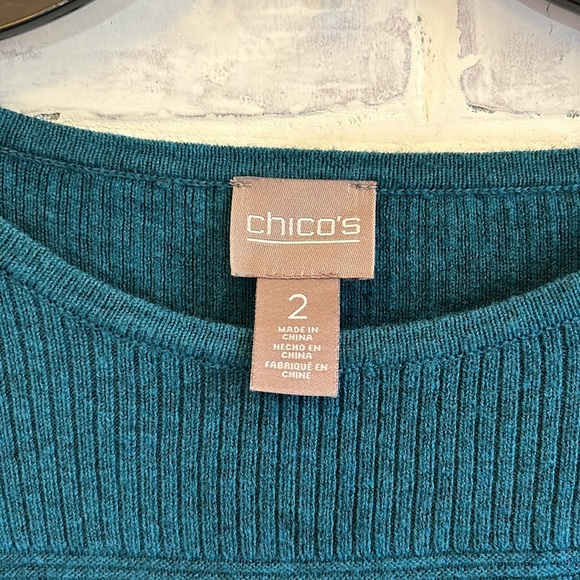 Chico’s Teal Ribbed Knit Raglan 3/4 Sleeve l Pullover Tunic Sweater Top Large 12 - Picture 7 of 8
